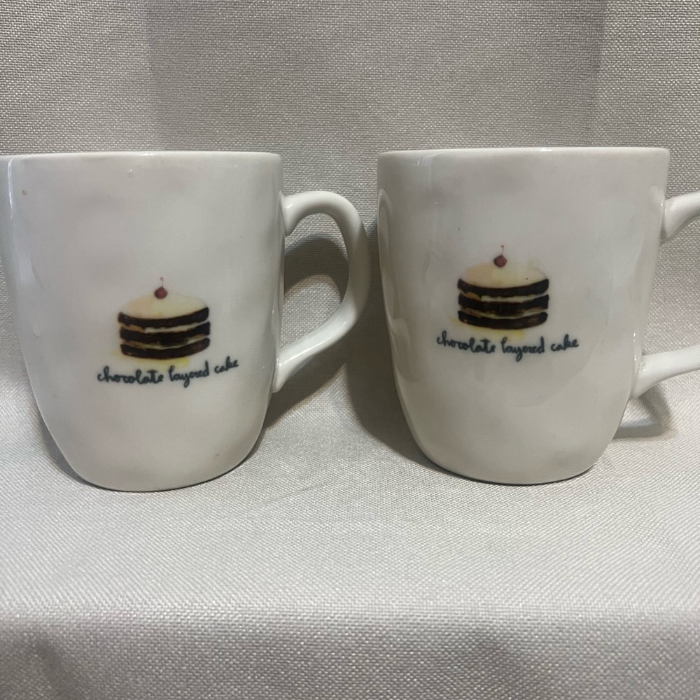 Rae Dunn White Mugs with Chocolate Cake Design